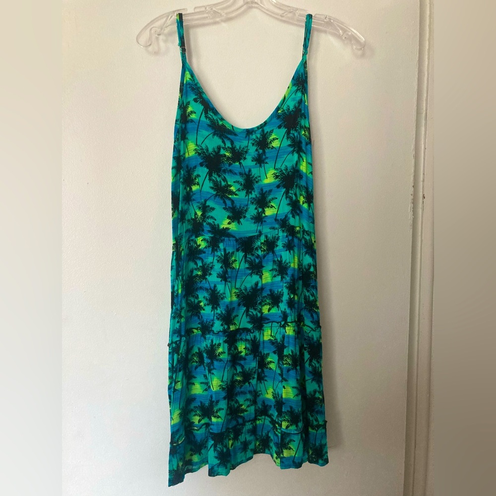 Blue and green palm tree open back dress